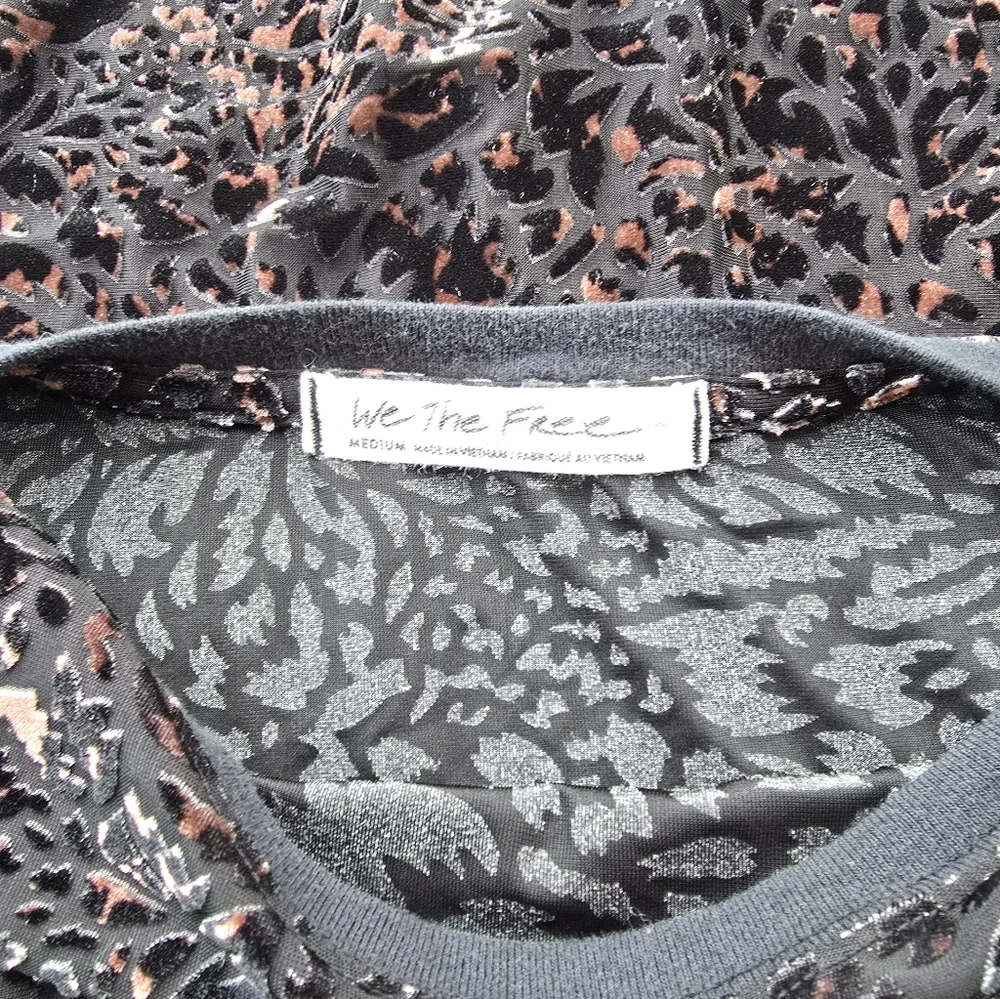 WE THE FREE Teddy Tee Semi Sheer Cheetah Brown Black Crushed Velvet Sz Medium